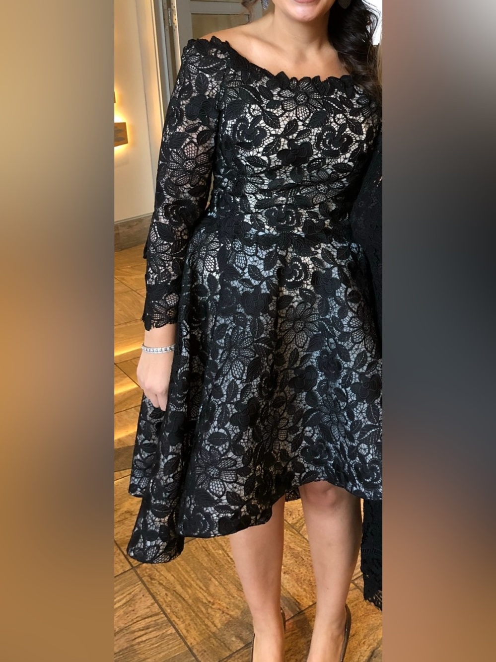 Monique Lhuillier Black Lace Midi Dress with sheer Underlay.